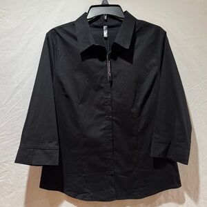 Made By Johnny MBJ Womens Black 3/4 Sleeve Stretchy Button Collared Blouse Large